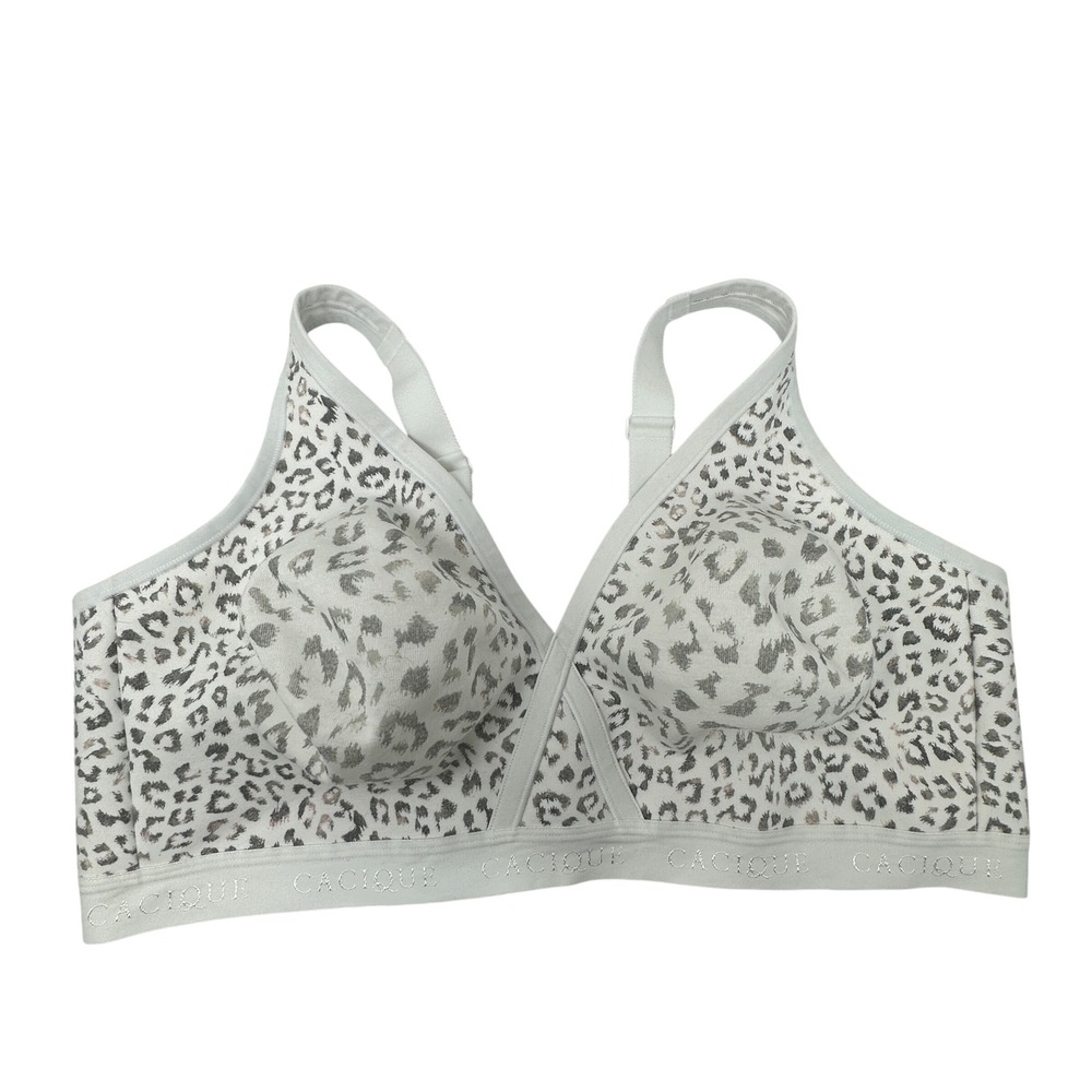 Cacique 46DD Full Coverage Unlined Wireless‎ Bra White Gray Leopard Print